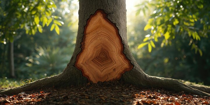Section of mango tree trunk sawed, highlighting bark and grain patterns, suitable for texture or design projects