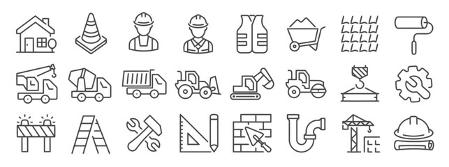 Construction Icons Set Featuring House Traffic Cone Worker Safety Vest Wheelbarrow Wall Paint Roller Crane Cement Mixer Dump Truck Bulldozer Excavator Forklift Lifting Wrench © AniaNoor