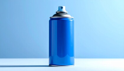 Blue spray paint can on a light blue background.