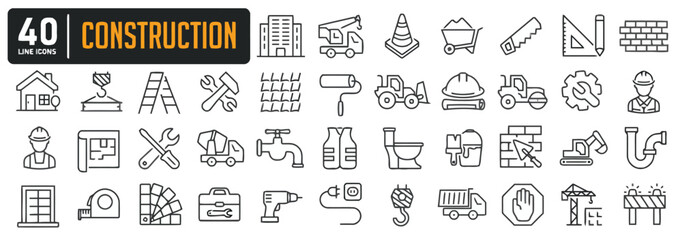 Construction line icons representing diverse aspects of building infrastructure development and engineering essential for construction and architectural projects