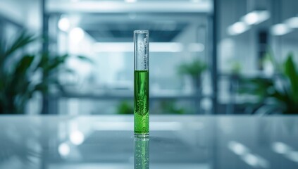 Biotechnology research using green herbs in chemical solutions for medical testing, scientific innovation