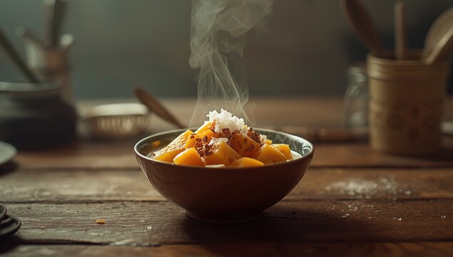 Kolak Pisang Ubi, traditional Indonesian sweet soup with banana and sweet potato served during Ramadan breaking fast, flavorful dessert