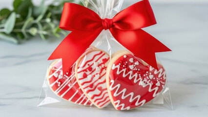 Valentine Heart Cookies: Decorated sugar cookies in transparent gift bag for sweet holiday presents and bakery gifts