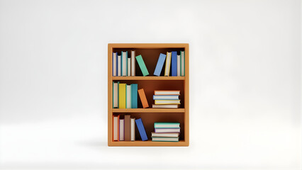 Fototapeta premium Wooden Bookshelf with Books - 3D wooden bookshelf with books isolated on white background, symbolizing education, knowledge, reading, and library concepts.