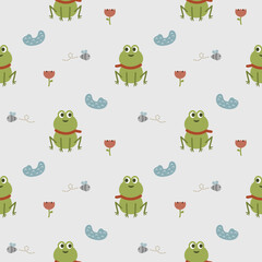 Frog cartoon so cute. On flower swamp bug background. Pattern seamless vector illustration. 