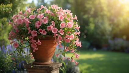 Container-grown pink Tecoma, highlighting ornamental shrub care, used as garden background, National Gardening Day