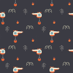firefighter  helicopter cartoonist so cute. On tree mountain fire background. Pattern seamless vector illustration. 