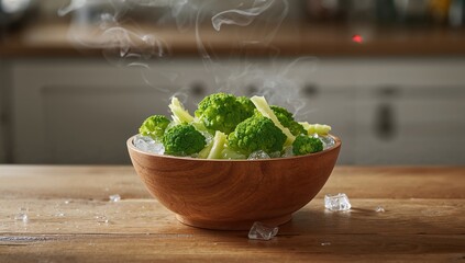 Vegetables like broccoli and cabbage being cooled in ice water, a step in processing and preservation, on a wooden table