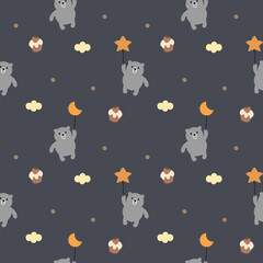 Bear gray cartoon so cute. On moon star cloud cupcake background.  Pattern seamless vector illustration. 