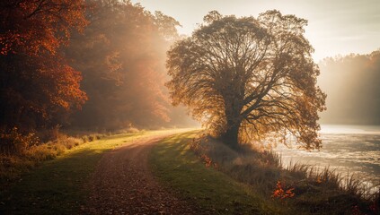 Autumn scene featuring trees, grass, and a water trail with fog and hoarfrost, highlighting seasonal transformation and erosion hazards