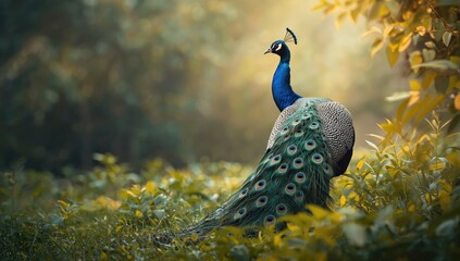 Colorful peacock perched among foliage, highlighting avian diversity