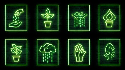 Neon line icon set showing environmental protection symbols like plants and watering hands.