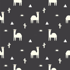 Camel cartoon so cute. On cactus sun black background. Pattern seamless vector illustration. 