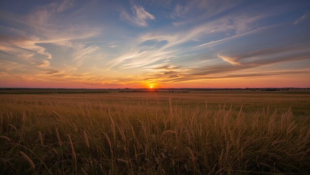 Amber and crimson sky at dusk over a plain, emphasizing the end of the day, landscape, seasonal change