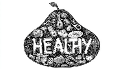 Pear-shaped lettering illustration promoting healthy eating, line vector style