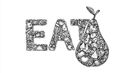 Pear-shaped lettering illustration promoting healthy eating, line vector style