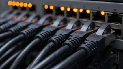 Network Server Cables: Close up of black ethernet wires plugged into high-speed switch for data center and internet connectivity