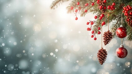 Christmas red berries, pine cone, and hanging bells arranged as seasonal decorations, holiday celebration