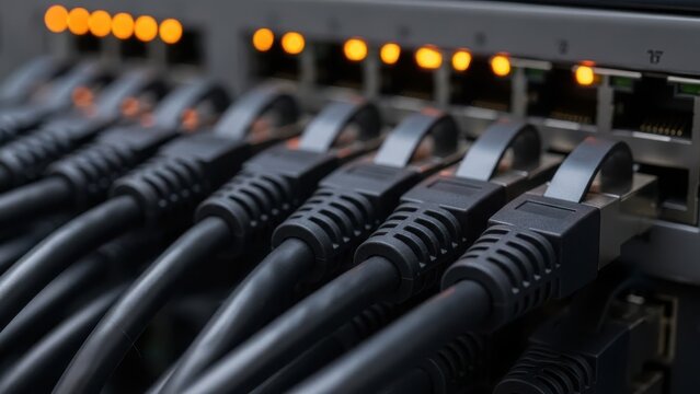 Network Server Cables: Close up of black ethernet wires plugged into high-speed switch for data center and internet connectivity - Powered by Adobe