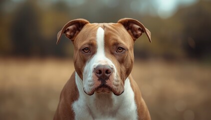 Obraz premium Close-up of a pit bull's face with a focus on alertness and facial expressions, used for breed recognition or behavioral studies