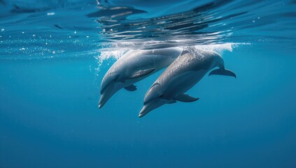 Naklejka premium Dolphins engaging in social behavior in open blue water, marine wildlife, Earth Day