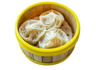Top view of Xiaolongbao in the yellow edge basket, focus selective