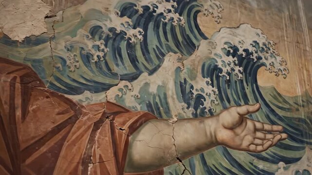 Jesus Christ mural with waves and open hand. Religious art depicting spiritual guidance and divine intervention in turbulent times.