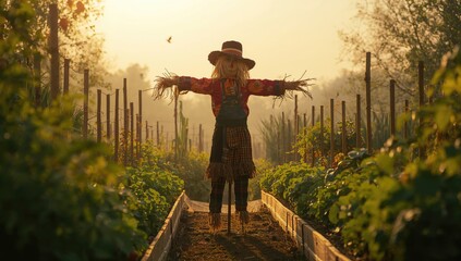 Garden scarecrow used to discourage bird intrusion, enhancing crop protection, for sustainable farming practices