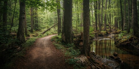 Obraz premium Spring roads lead into swampy wilderness, maintenance challenges in dense wild forests