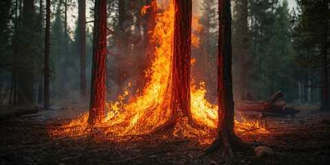 Fire burning on stable ground within pine forest, illustrating wildfire risk management