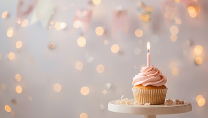 Pink cupcake topped with colorful sprinkles, designed for birthday party settings, highlighting seasonal festivities