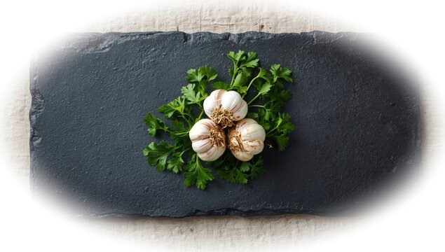 Fresh garlic and parsley set on a slate surface for cooking, highlighting raw herbs and bulbs
