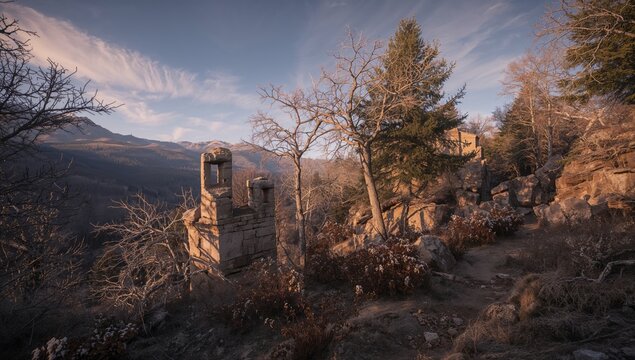 Winter forest scene at dusk showing sunlight through trees and rock formations along a hiking path, seasonal change - Powered by Adobe