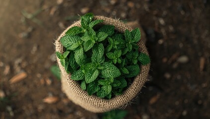 Bag of dried peppermint herbs on outdoor garden ground, highlighting herbal product storage and freshness