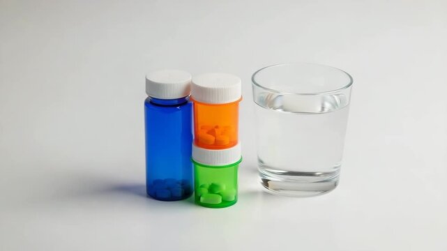 Close-up of a small stack of antihistamine pill bottles resting next to a glass of water, camera zooms out , 