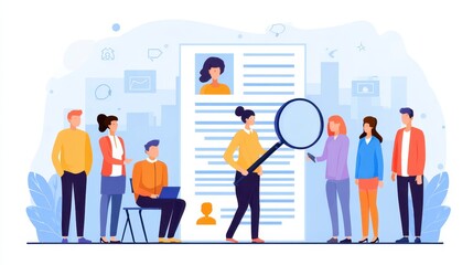 Illustration depicts a group reviewing a resume with a magnifying glass. Silhouettes of city buildings and chat bubbles are in the background