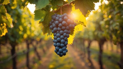 Cluster of ripe blue grapes on a vine bathed in warm sunlight, highlighting fruit maturity for winemaking, summer, agriculture, vintage