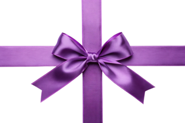 A purple satin gift ribbon bow tied in a horizontal cross shape isolated on a white or transparent background.