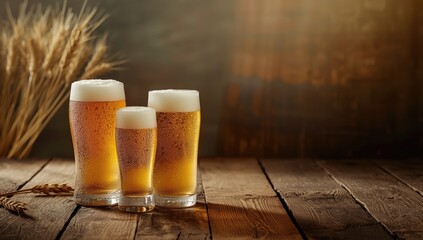 Three beers alongside wheat on a background, highlighting craft brewing ingredients
