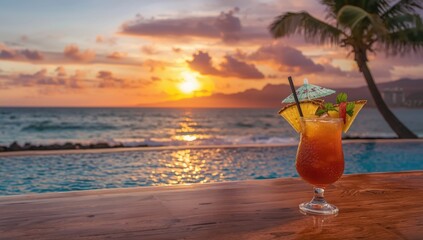 Tropical cocktails in a resort setting with ocean views, highlighting vacation relaxation and beachside leisure