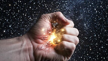 The hand of Jesus clutching shining energy against the backdrop of the starry sky embodies the idea of ​​strength, creation, or universal power.