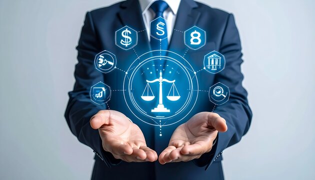 Businessman holding digital legal scales with icons representing various aspects of law and finance.