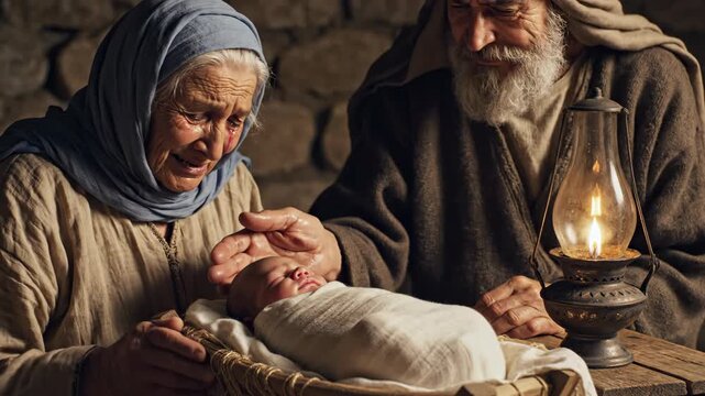 Elderly woman and man look at newborn baby in a basket, then lovingly touch baby in nativity scene for Christmas season