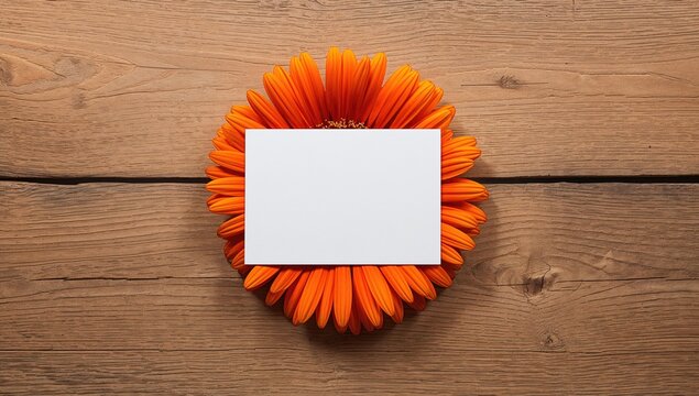 Wooden surface with a blank paper card and a vibrant orange daisy flower for floral layout purposes - Powered by Adobe