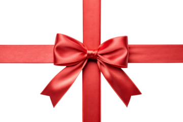A red satin gift ribbon bow tied in a horizontal cross shape isolated on a white or transparent background.