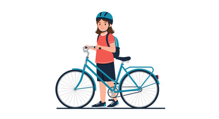 Obraz premium Young girl wearing a safety helmet and backpack standing next to her blue bicycle on a white background.