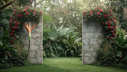 Fototapeta premium Colorful floral and stone textures create a decorative backdrop at the Botanical Garden in St. Petersburg, ideal for editorial headers, Earth Day