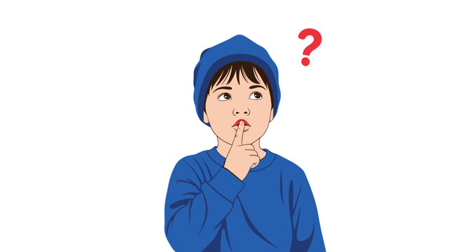 Curious little boy in a blue beanie touching his lip and looking up at a red question mark in thought.