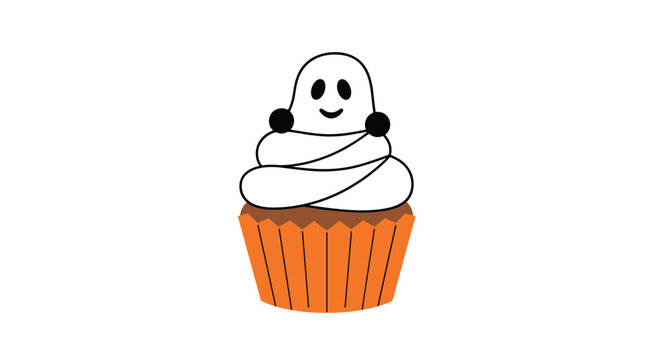 Cute Halloween themed cupcake featuring a ghost shaped frosting top with a smiling face and black accents in an orange paper liner.