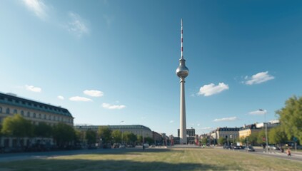 Obraz premium Berlin's Fernsehturm seen from Alexanderplatz with a bright blue sky, city skyline and architectural feature
